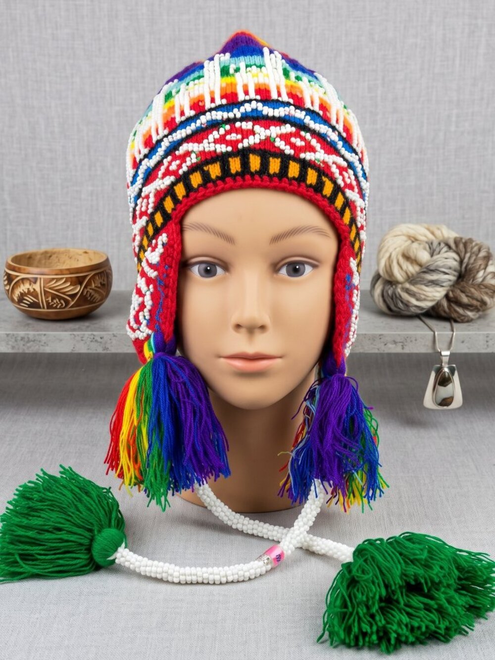 Handcrafted Andean Chullo with Beadwork and Multicolored Pom-poms